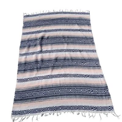 Southwestern Style Blanket Throw 62x42 Mexican Serape Pink Gray Navy Blue Fringe - Image 1 of 4