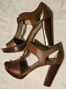 Michael Kors Brown High Heel Sandal, Women's Size 7.5M, Wood Heel,Gold Zipper - Picture 1 of 17