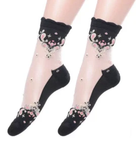 Black Socks . Thin Lace Socks .Mesh. Breathable .Floral. Summer Socks. Cotton - Picture 1 of 5