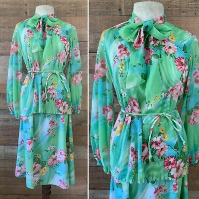 Conjunto de 2 piezas túnica top falda vintage años 70 boho hippie verde floral talla M Foto 1 de 4