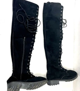 Overknee-Damen-Schnürstiefel Overknee Kunst-Wildleder Freizeitschuhe schwarz 6,5 - Bild 1 von 8