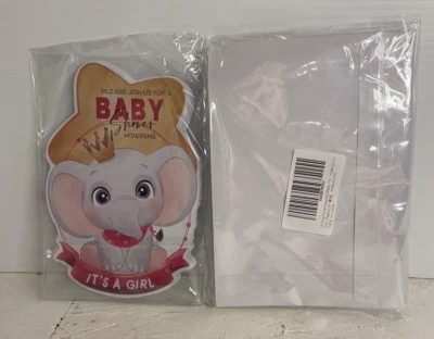 Nuevo en Paquete Lindo Elefante Rosa con Corona "Es una Niña" Conjunto de 20 Invitaciones de Baby Shower Foto 1 de 4
