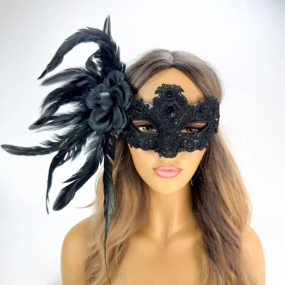 Feather Lace Masquerade Masks Flower Black for Masquerade Ball - Image 1 of 3