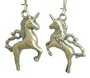 New Beautiful Two-sided 3-D UNICORN Bronze-tone Drop Dangle Earrings 2-1/4" Long - Bild 1 von 3