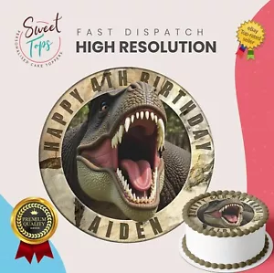 DINOSAUR (T REX) ROUND EDIBLE BIRTHDAY CAKE TOPPER DECORATION PERSONALISED - Picture 1 of 4