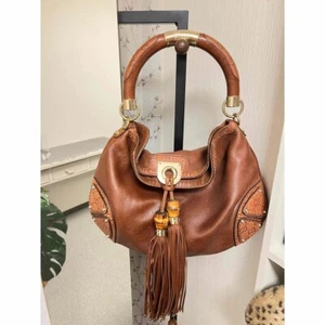 Bolso de Hombro Hobo Gucci Indy Cuero Bambú Marrón Flecos Borla De Colección Usado - Imagen 1 de 5