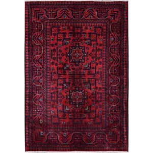 2 Fuß 8 Zoll x 4 Fuß roter afghanischer Khamyab geometrisches Design handgeknüpfter Wollmuster Teppich R701 - Bild 1 von 7