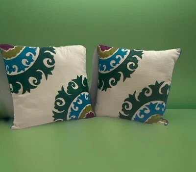 Pier 1 Imports 2 almohadas decorativas bordadas 15 pulgadas verde azulado y magenta Foto 1 de 4