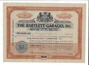 PENNSYLVANIA 1910 The Bartlett Garages Inc Stock Certificate #10 Philadelphia - Picture 1 of 2