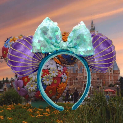 Auténticas orejas de Disney Park Sirenita Ariel púrpura iridiscente orejas de Minnie ~ Foto 1 de 4