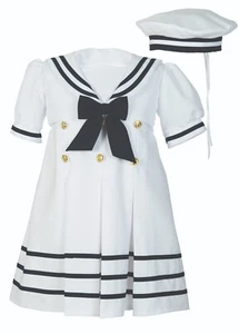 Girls Sailor Dress With Sailor Hat 2pcs Set 2 Color Navy White Soft Solid #602 - Picture 1 of 4