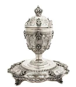 925 STERLING SILVER CHASED LEAF DESIGN & LEAF APPLIQUE HONEY DISH & FOOTED TRAY - Picture 1 of 6