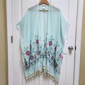 Kimono Women One Size Multicolor Floral Embroidered Tassels Sheer Boho Whimsy - Picture 1 of 10