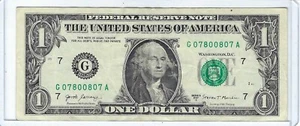 Fancy Serial Number $1 Dollar Bill Note 2017 TRINARY 4 of a kind 0s G07800807A - Picture 1 of 3