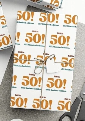 Custom Name 50th Birthday Wrapping Paper, 50th Birthday Present Gift Wrap - Image 1 of 4