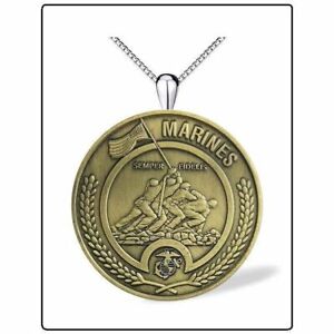 IWO JIMA Challenge Coin Necklace - 1 1/2" bronze usmc marine corps jewelry 24"