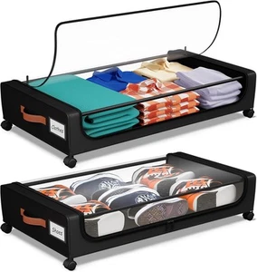 2 Pack Under Bed Storage with Wheels, 50L Large Capacity 2 PACK, BLACK - Picture 1 of 7