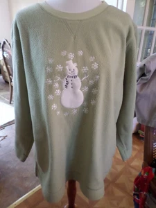 Ladies Size 1X Quacker Factory Vintage GREEN Polyester Fleece Top w/ SNOWMAN - Picture 1 of 4