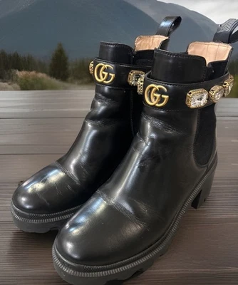 Gucci Trip Jewel Correa Cuero Botines Negro Dorado Cristal Combate Talla 36 Foto 1 de 4