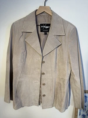 Винтажная большая женская бежевая замшевая кожаная куртка на пуговицах Maxima Wilsons - Изображение 1 из 4