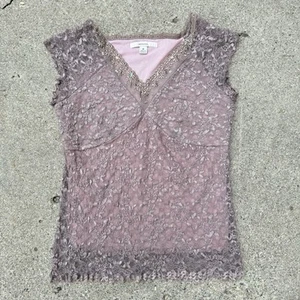 Y2K Merona Babydoll Lace Top Size M Pink Lined Cap Sleeve Floral Mesh Overlay - Picture 1 of 4
