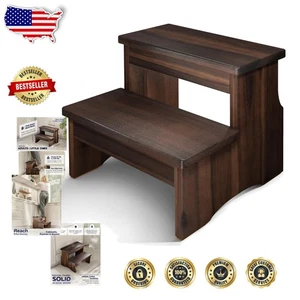 Wooden Acacia 2-Step Stool Elegant Walnut Kitchen Bathroom Adults Kids Portable - Picture 1 of 10