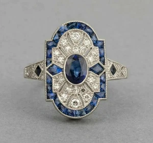 Anillo de boda y compromiso de zafiro creado en laboratorio estilo Art Deco de oro blanco de 14 quilates FN - Imagen 1 de 11