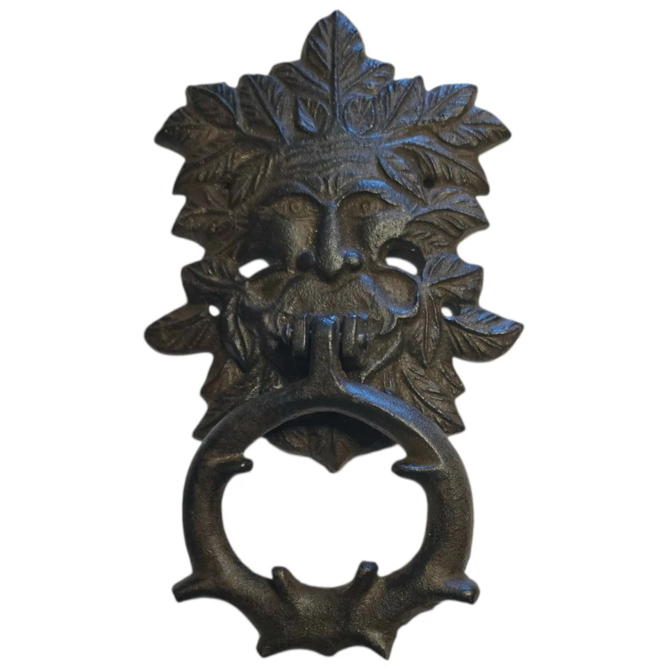 复古铸铁绿人门敲门器 8.5 英寸高 Foliate 面具建筑 — 第 1/4 张图片