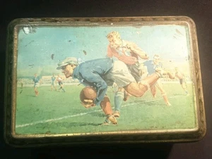 ALTE BLECH ZUCKERDOSE LITHO FUSSBALL TOR BALLFÄNGER MARKE signiert - Bild 1 von 24
