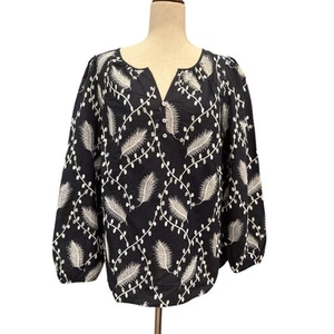 Talbots Embroidered Popover Feather Blouse Top NWT $119 Navy White Large Boho - Picture 1 of 12
