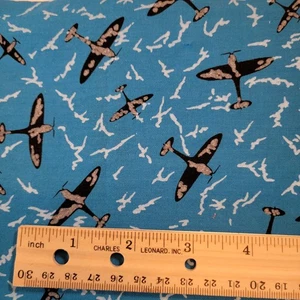 Cotton Fabric Black Airplanes White Clouds on Blue Sky 28x43 Aviation Quilting - Picture 1 of 6