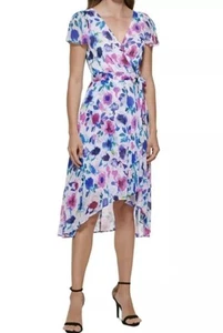DKNY abito midi donna stampa floreale manica corta finto avvolgente taglia 4/6/8/10/12 - Foto 1 di 4