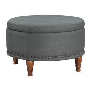 Alloway Storage Ottoman in Charcoal Fabric with Antique Bronze Nailheads - Picture 1 of 8