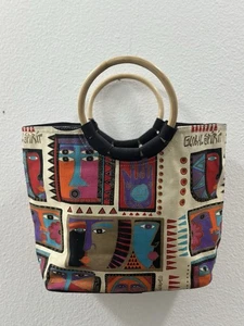 LAUREL BURCH Global Spirit Bamboo Handle Tote Handtasche Canvas Boho Shopping - Bild 1 von 11