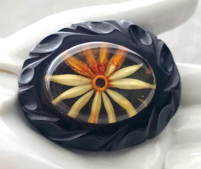 Vintage Reverse Carved Apple Juice Flower Carved Black Big 1 7/8" Oval Button - Image 1 of 4