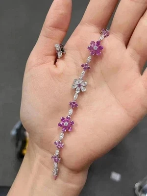 Теннисный браслет с цветком сапфира грушевидной огранки 7 карат с покрытием из белого золота 14 карат - Изображение 1 из 4