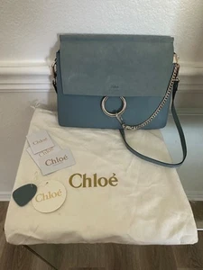 CHLOE FAYE Suede & Leather Shoulder Bag Cloudy Blue - Picture 1 of 7