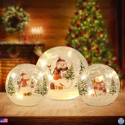 YEAHOME Set of 3 LED Crackle Glass Christmas Balls, Snowman Decor, Timer Globes - Image 1 of 4