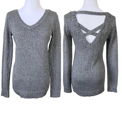 Guess Quinn Gray Criss Cross Back Sequin Sweater SMALL Casual Sparkle Designer - Image 1 of 4