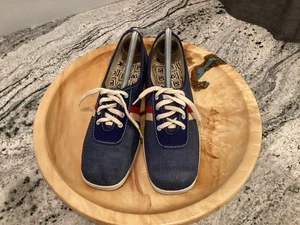 Vintage Brunswick 70s Blue Striped Demin Bowling Shoes 8.5 USA - Picture 1 of 19