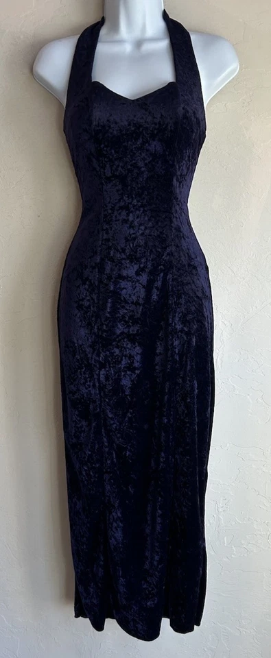 Maxi Vestido Halter Vintage Años 90 Y2K Púrpura Terciopelo Aplastado S Gótico Formal Capricho Foto 1 de 4