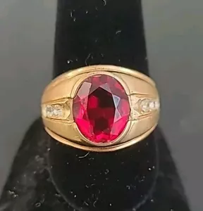 Vintage Herren Ring 18K HSE Ring SM weiß Strass 1 roter Stein Größe 10 - Bild 1 von 8