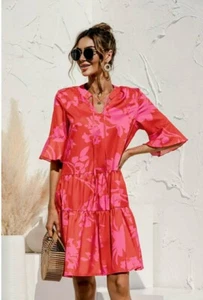 Women Babydoll Ruffle Dress Small V-Neck Short Sleeve Knee Length Dress New - Picture 1 of 5