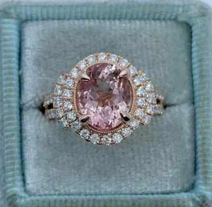 2.12Ct Oval Cut Lab Created Morganite Halo Engagement Ring 14K Rose Gold Plated - Picture 1 of 11