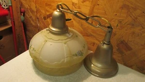 Antique Pendant Light Fixture & Painted Flowers Shade - Picture 1 of 2