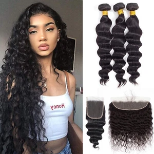 Human Hair Bundles with Closure Loose Deep Wave 4*4 Lace Frontal Remy Hair Weft - Picture 1 of 14