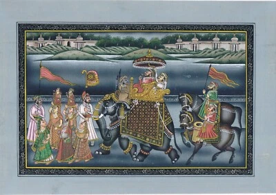 Handmade  Painting Of Mughal Emperor Procession On Elephant On Silk8.5x7 Inches - image 1 of 4