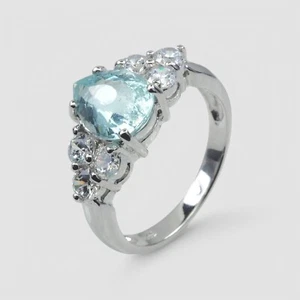 Elegant White Gold Plated Ring with Blue Aquamarine 925 Sterling Silver Size 7 - Picture 1 of 9