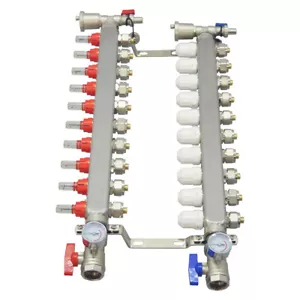 Juego de colectores de calefacción por suelo radiante PEX de acero inoxidable de 10 ramas para 1/2"" PEX - Imagen 1 de 20