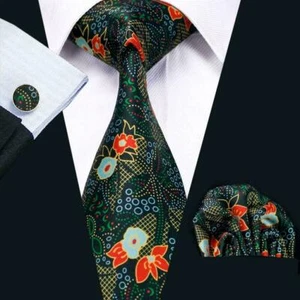 Black Pure Silk Neck Tie Cufflinks & Handkerchief Set - Blue Red Gold Design - Picture 1 of 4